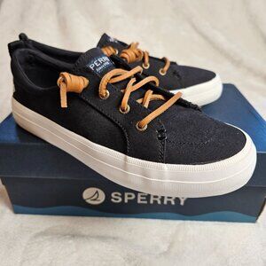 Sperry Womens Crest Vibe Sneakers Black Canvas Uppers With Tan Leather Laces 6.5